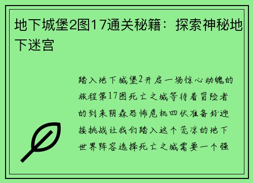 地下城堡2图17通关秘籍：探索神秘地下迷宫